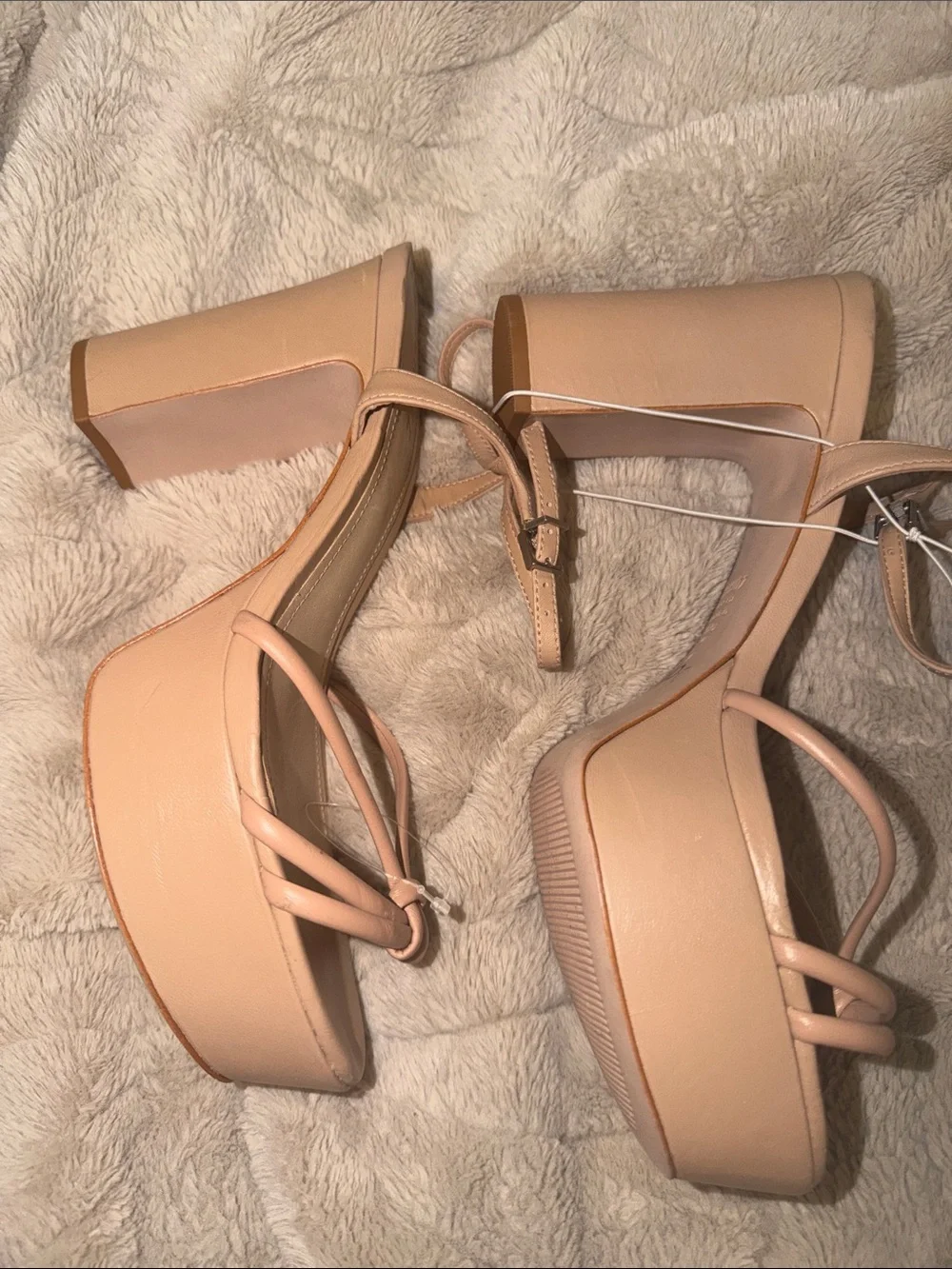Schutz Kelsie True Beige Leather Strappy Platform Block Heel Sandals 9.5 NWOT